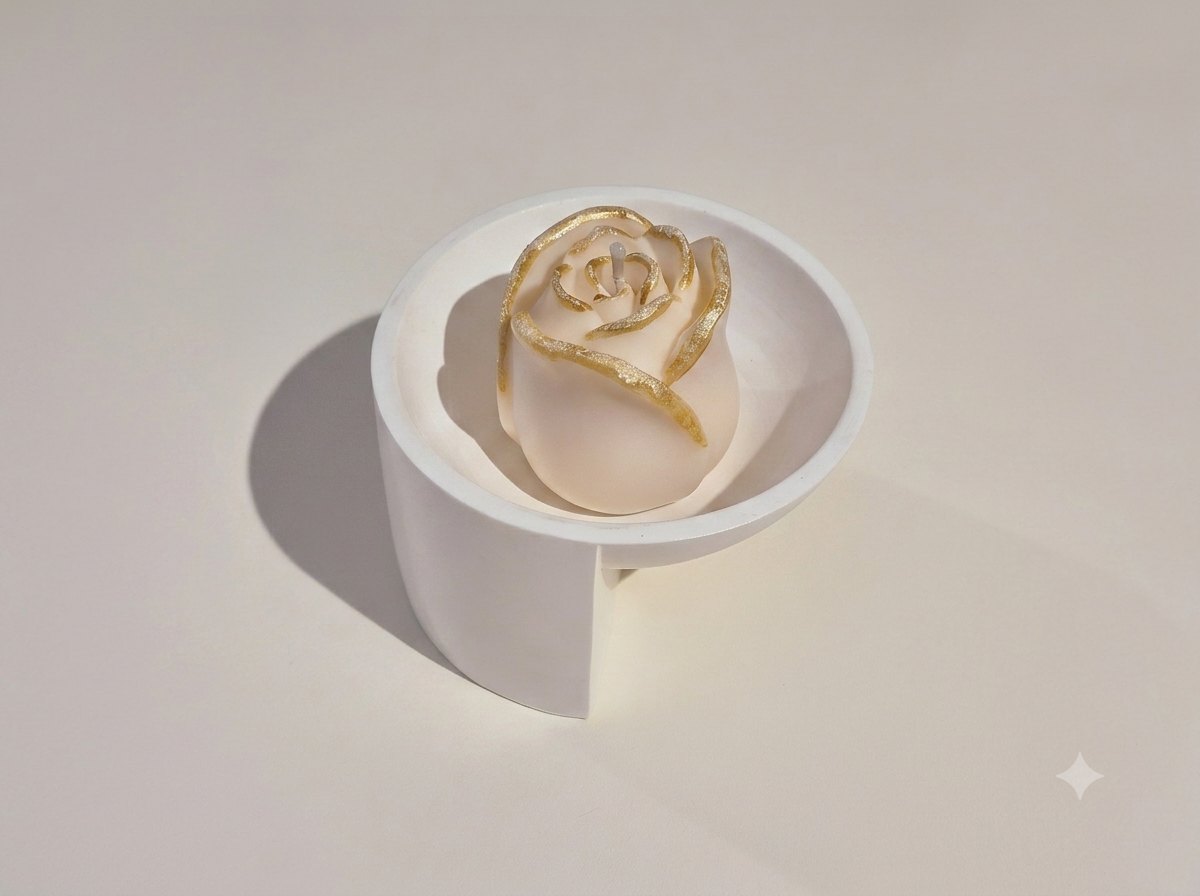 Handcrafted rose candle in an Art Deco vessel on a cream background